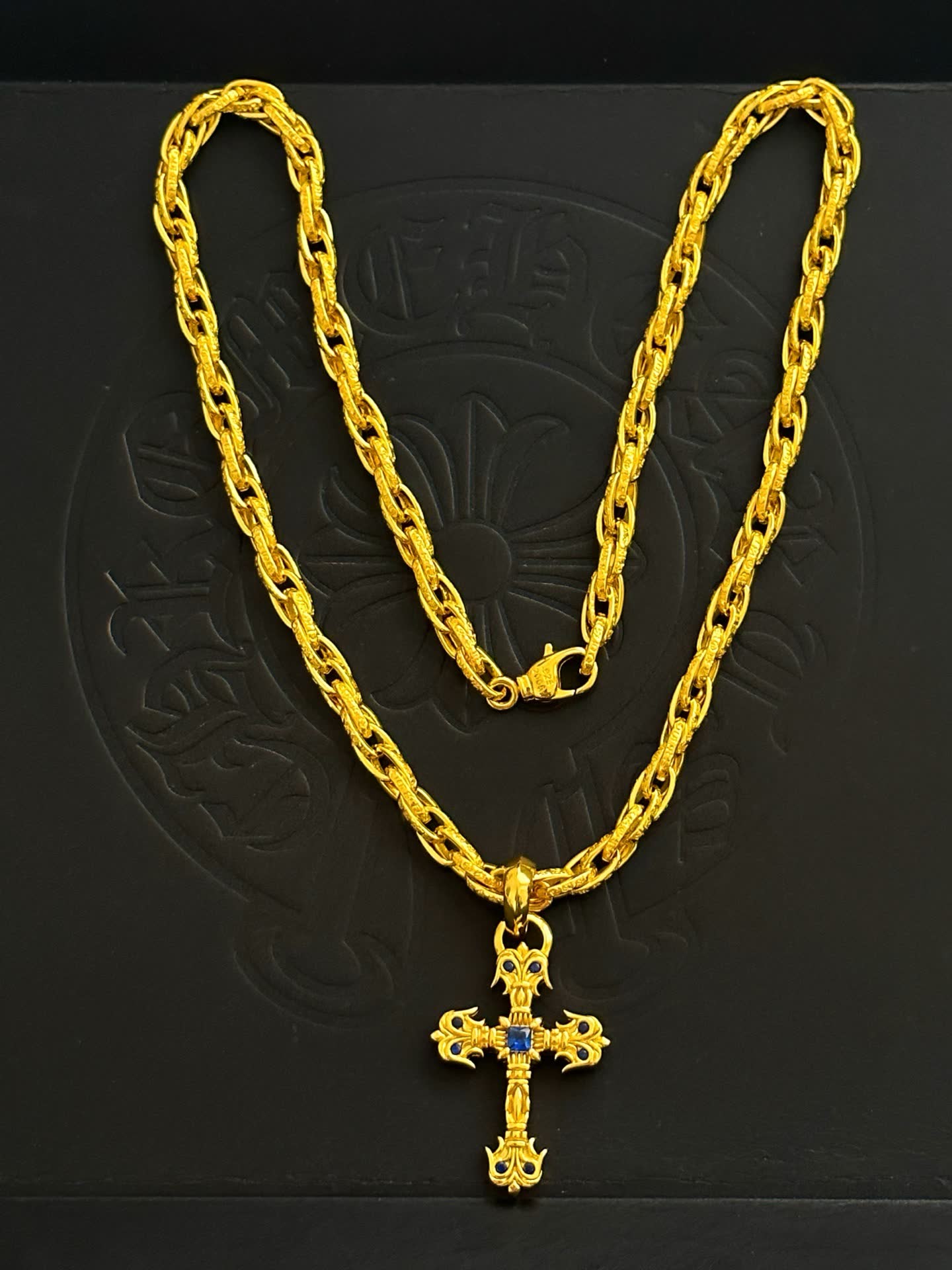 Chrome Hearts Gold Cross Pendant Necklace with Blue Gemstone